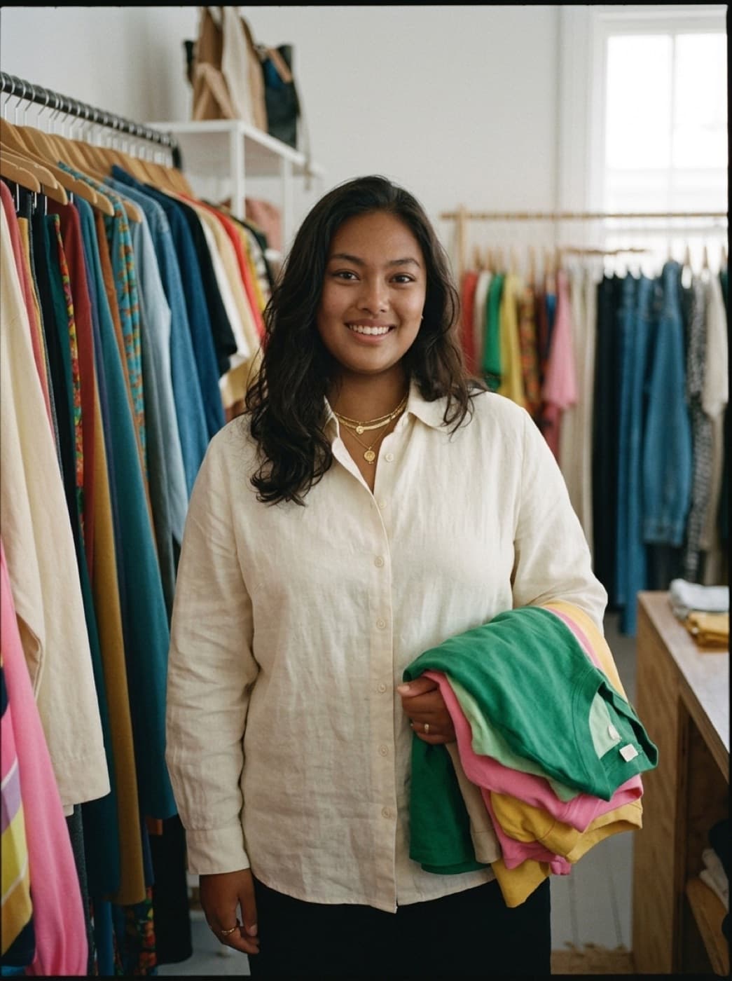 Mujer eligiendo entre racks llenos de ropa en una tienda de Los Cabos